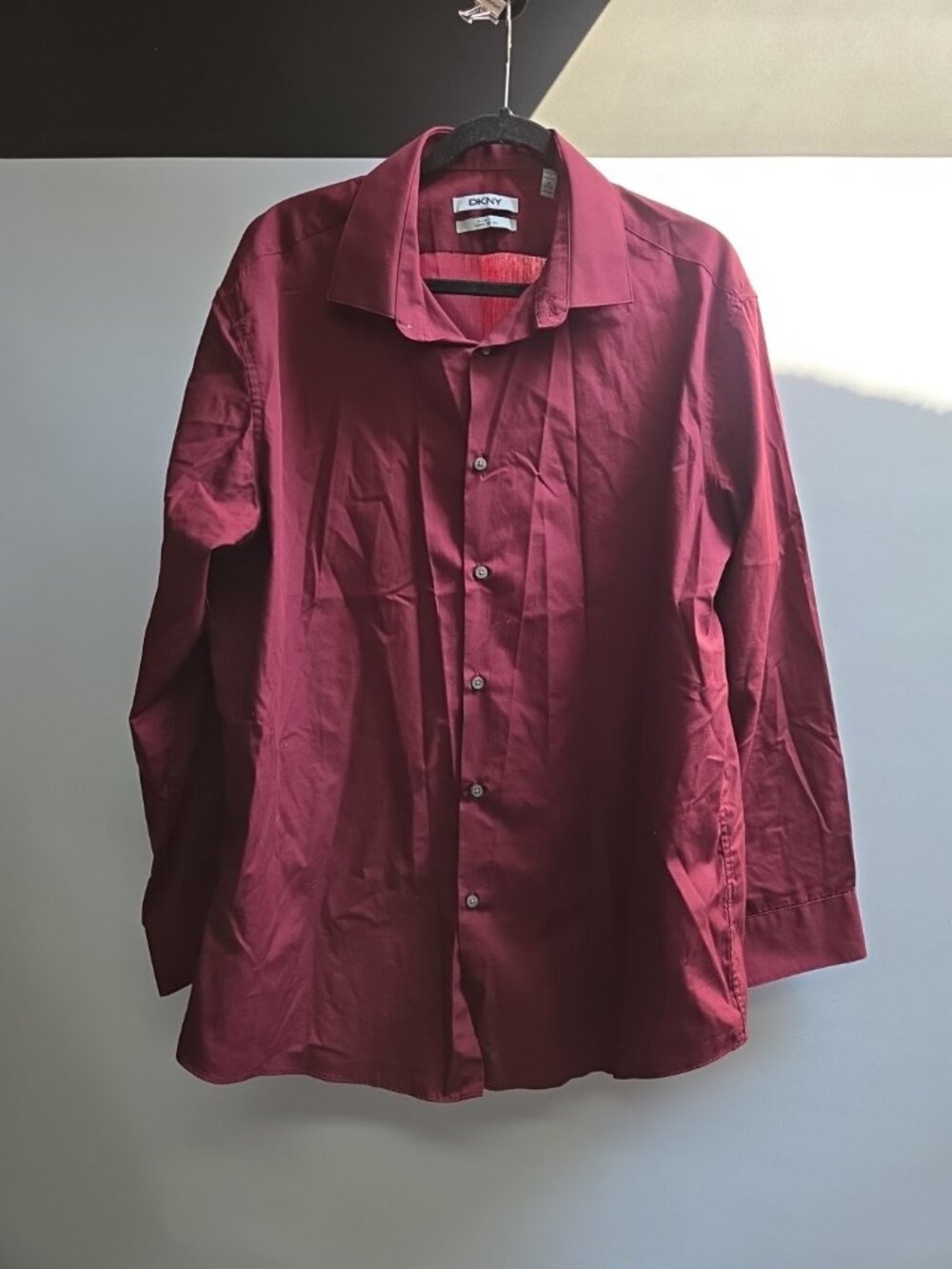 DKNY Men's Button Up Long Sleeve Sport Shirt, Red Maroon Size 18 34/35 Good Cond